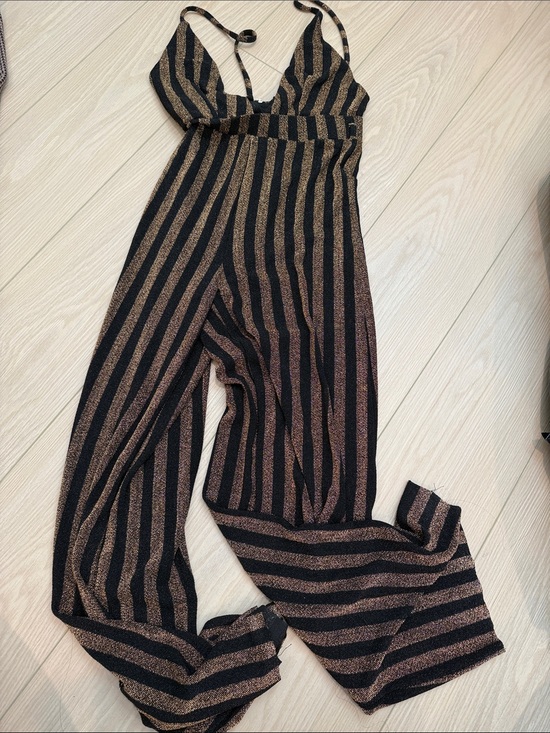 Fashion Nova Pants - Fashion Nova Black & Gold Striped Metallic Jumpsuit